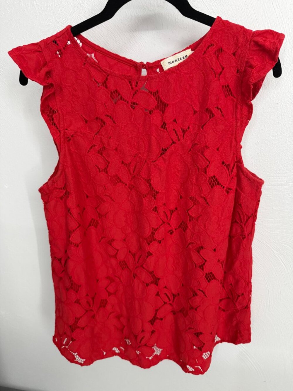 Monteau Red Floral Lace Sleeveless Blouse Top Lined XL Feminine Romantic